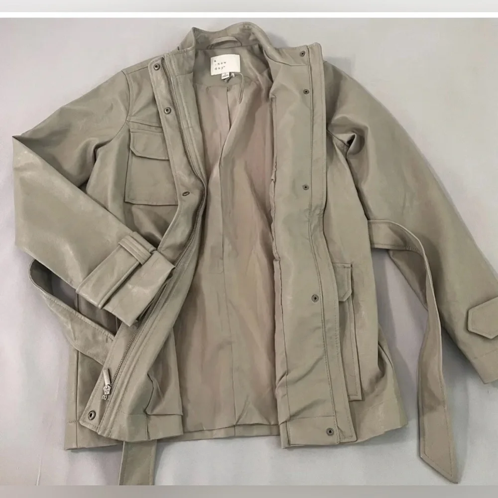 A New Day Anorak Faux Leather Frontier Brown Jacket Coat Full Zip Tie Front NWOT